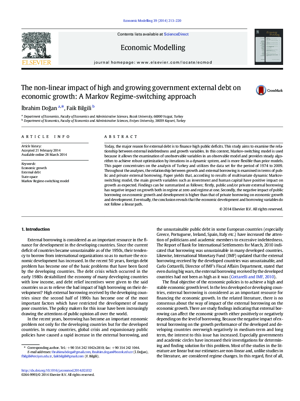 The non-linear impact of high and growing government external debt on economic growth: A Markov Regime-switching approach