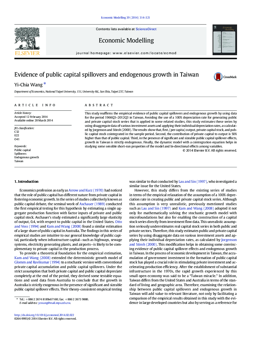 Evidence of public capital spillovers and endogenous growth in Taiwan