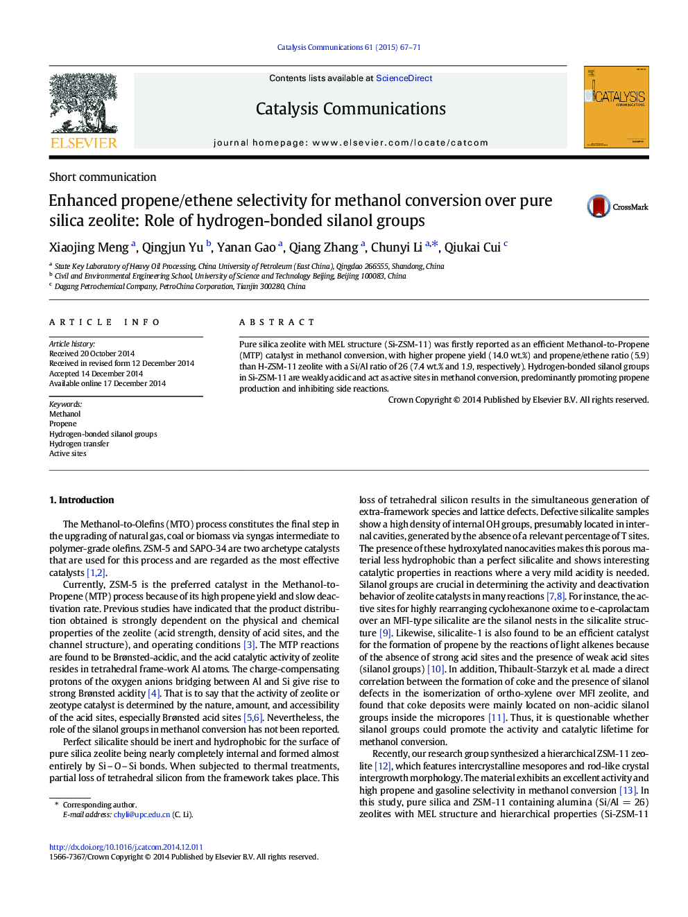 Enhanced propene/ethene selectivity for methanol conversion over pure silica zeolite: Role of hydrogen-bonded silanol groups