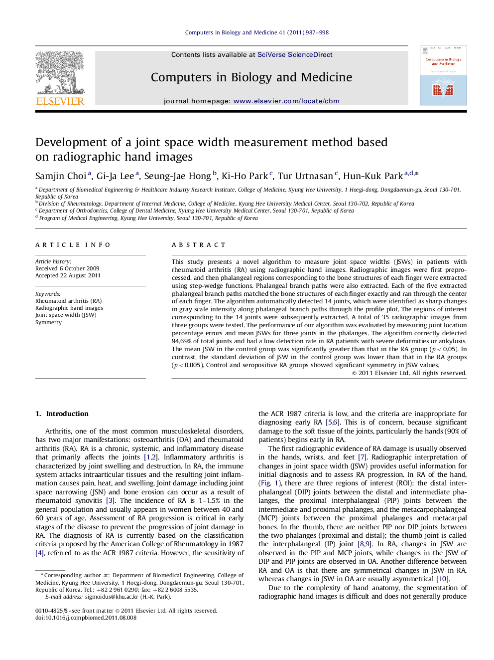 Development of a joint space width measurement method based on radiographic hand images