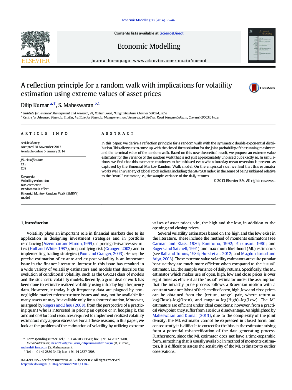 A reflection principle for a random walk with implications for volatility estimation using extreme values of asset prices