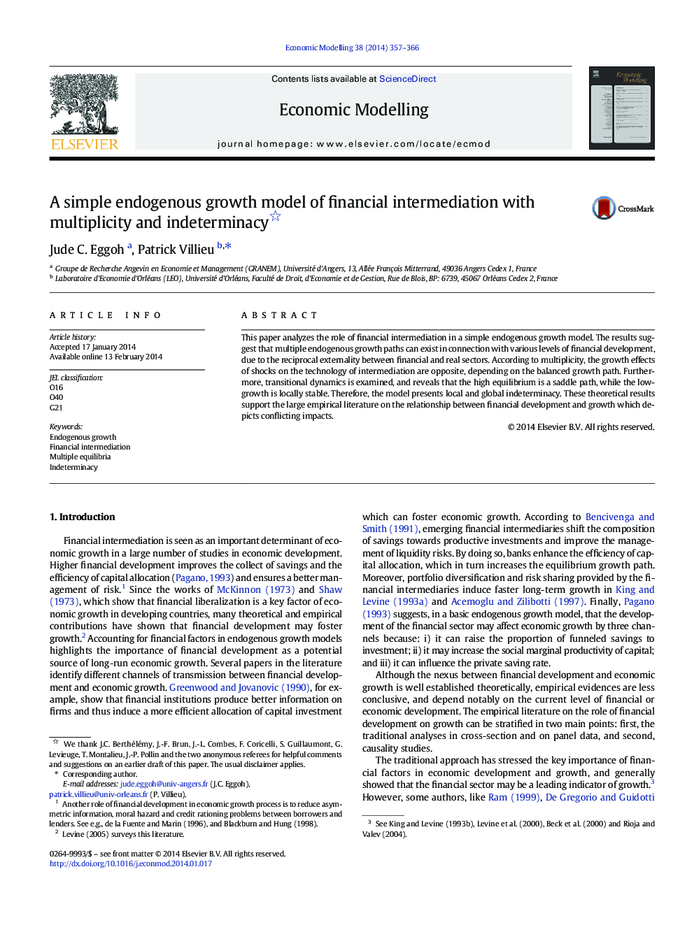 A simple endogenous growth model of financial intermediation with multiplicity and indeterminacy