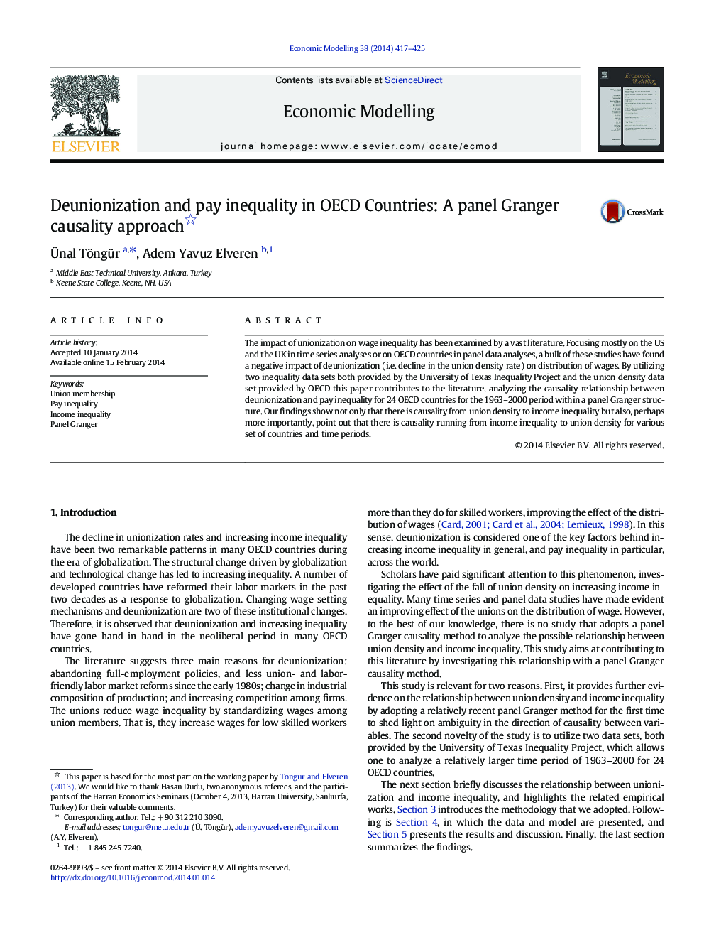 Deunionization and pay inequality in OECD Countries: A panel Granger causality approach