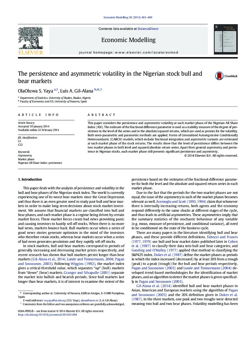 The persistence and asymmetric volatility in the Nigerian stock bull and bear markets