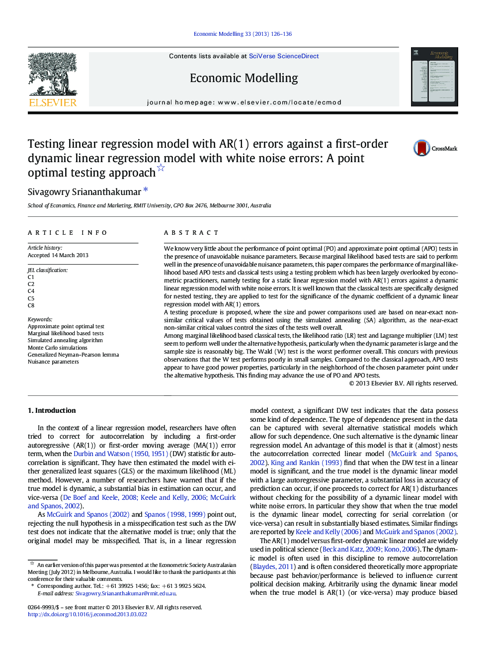 Testing linear regression model with AR(1) errors against a first-order dynamic linear regression model with white noise errors: A point optimal testing approach