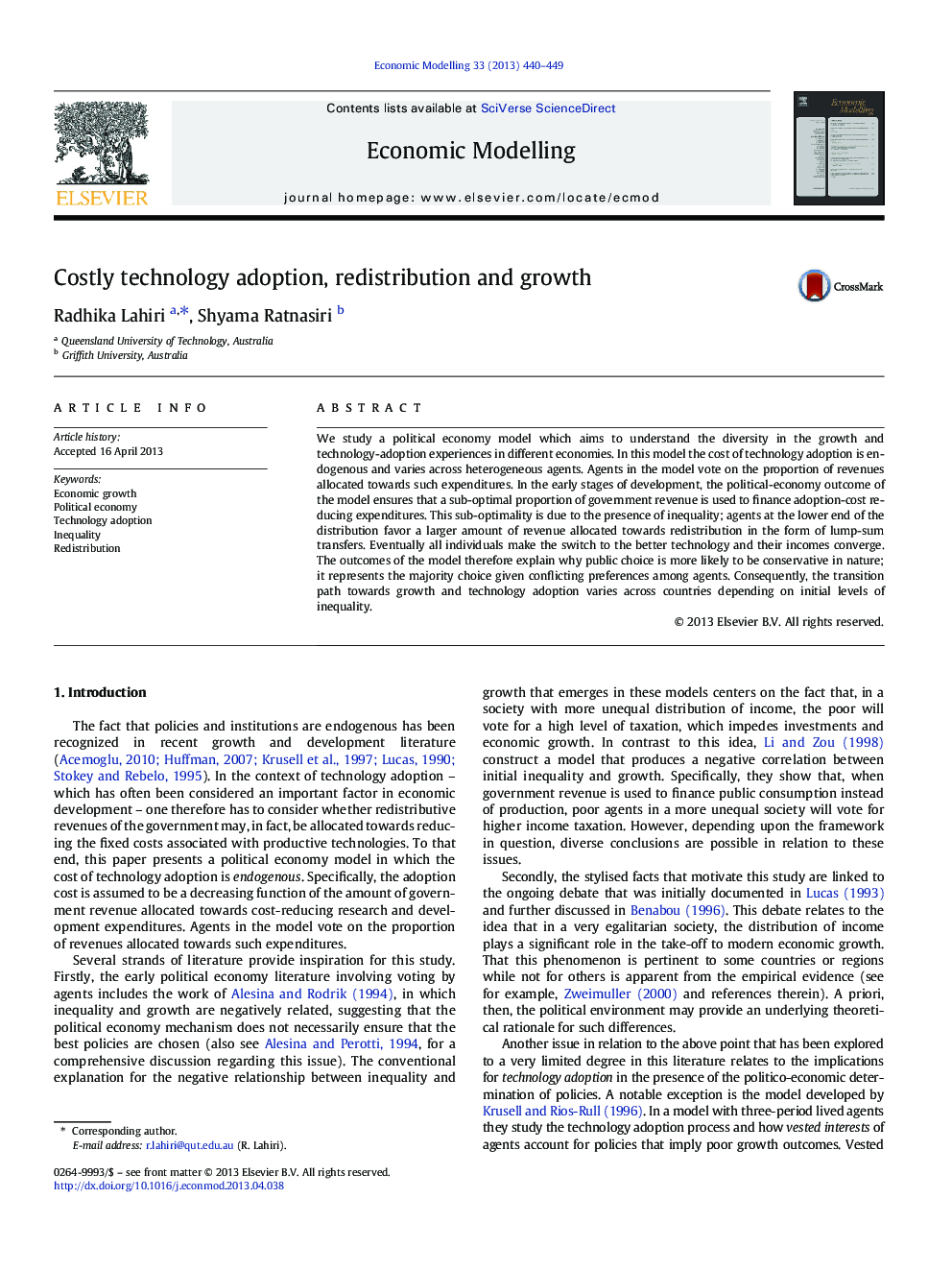 Costly technology adoption, redistribution and growth