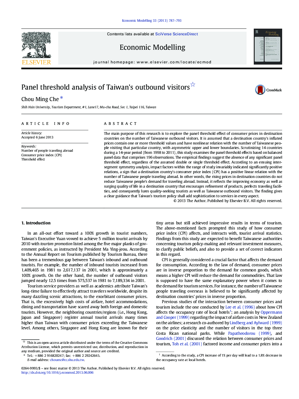 Panel threshold analysis of Taiwan's outbound visitors