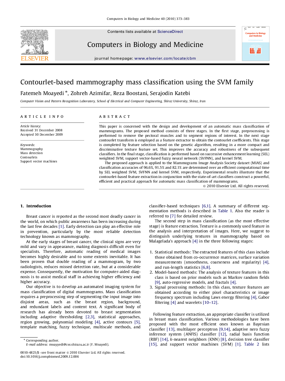 Contourlet-based mammography mass classification using the SVM family