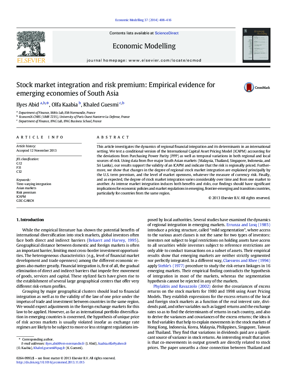 Stock market integration and risk premium: Empirical evidence for emerging economies of South Asia