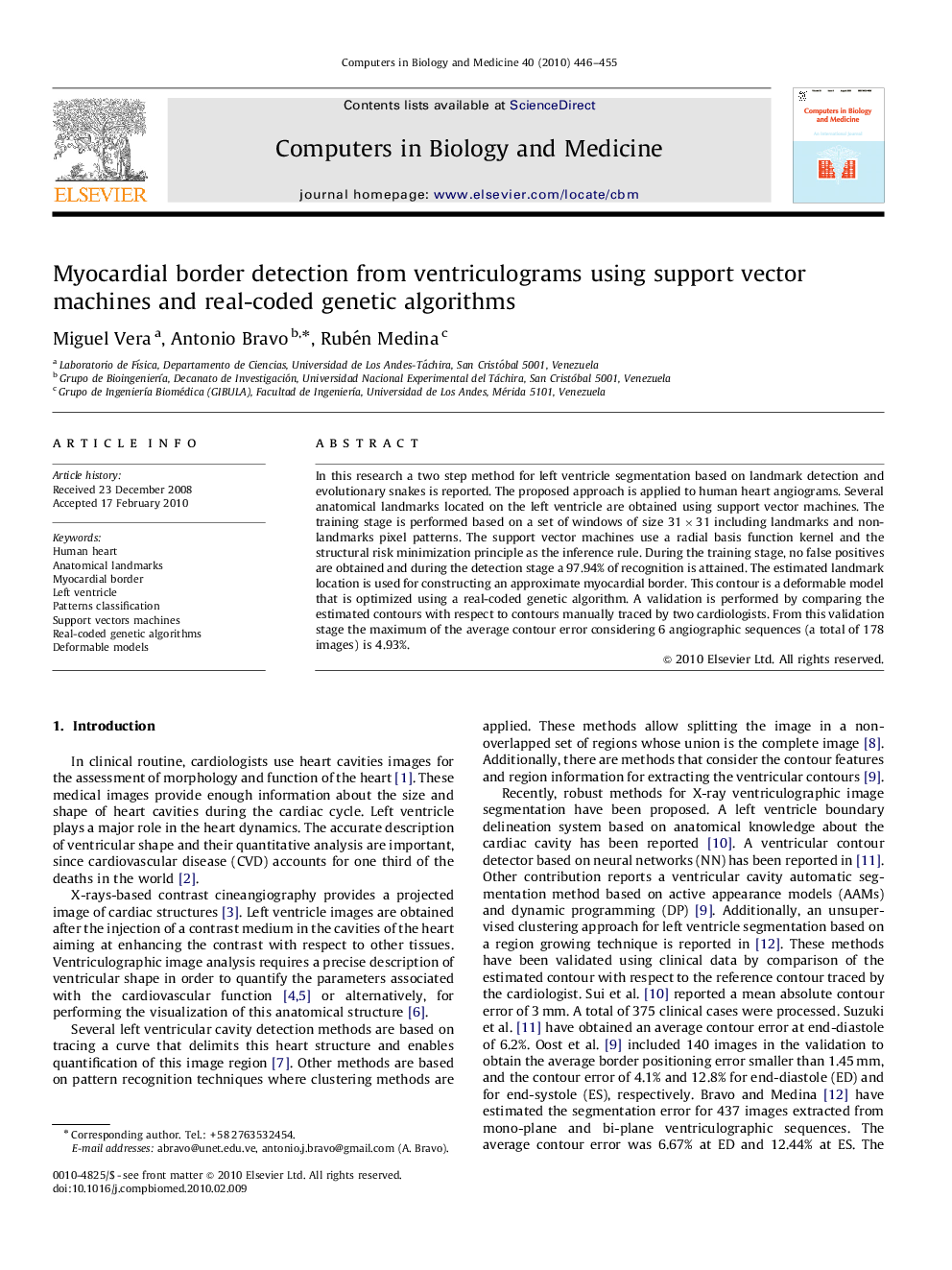 Myocardial border detection from ventriculograms using support vector machines and real-coded genetic algorithms