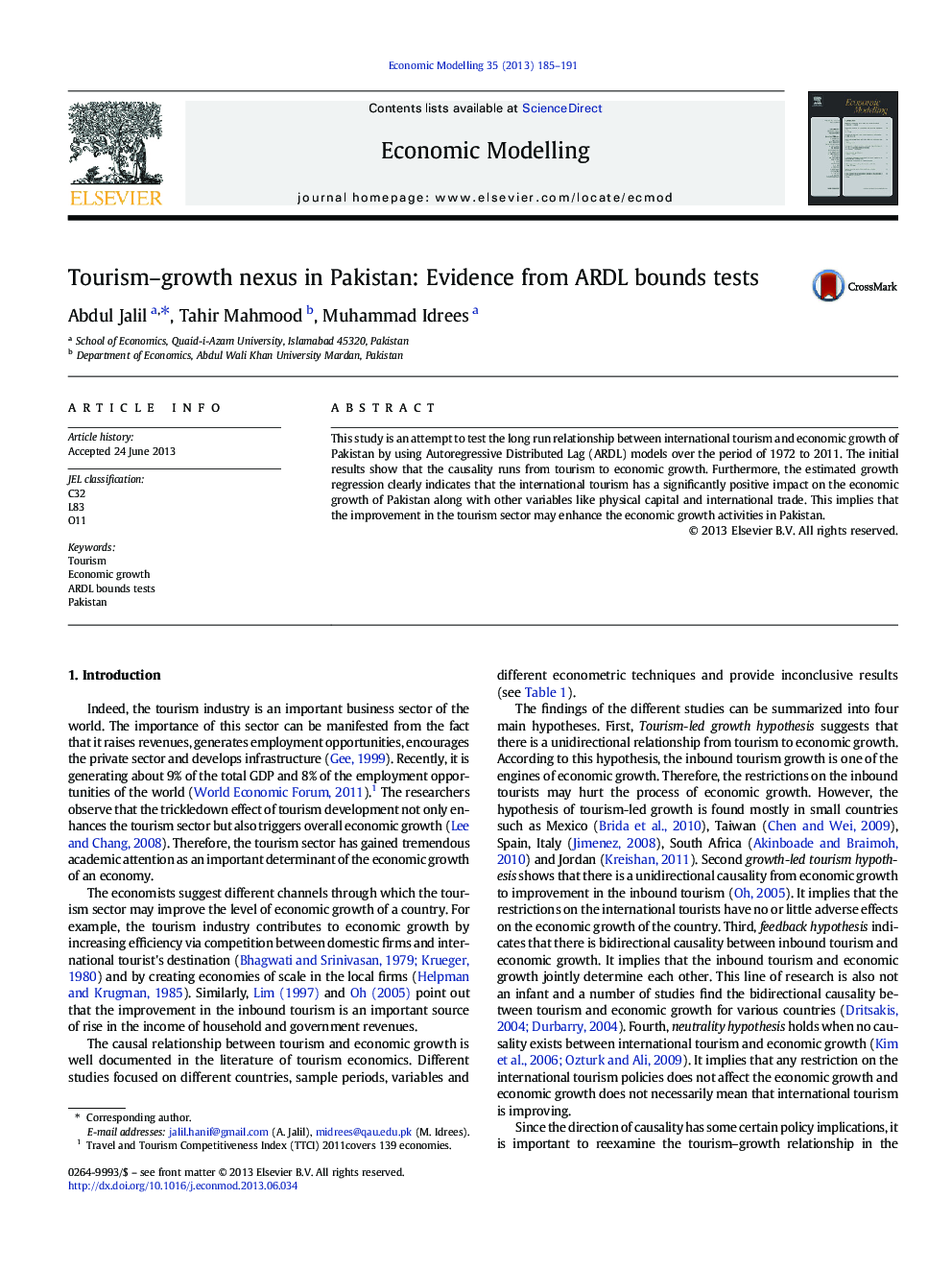 Tourism-growth nexus in Pakistan: Evidence from ARDL bounds tests