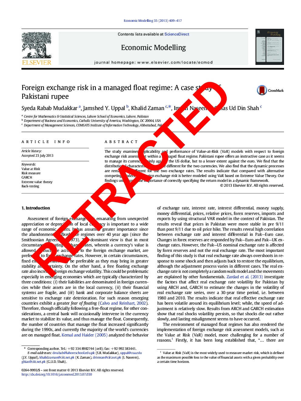 RETRACTED: Foreign exchange risk in a managed float regime: A case study of Pakistani rupee