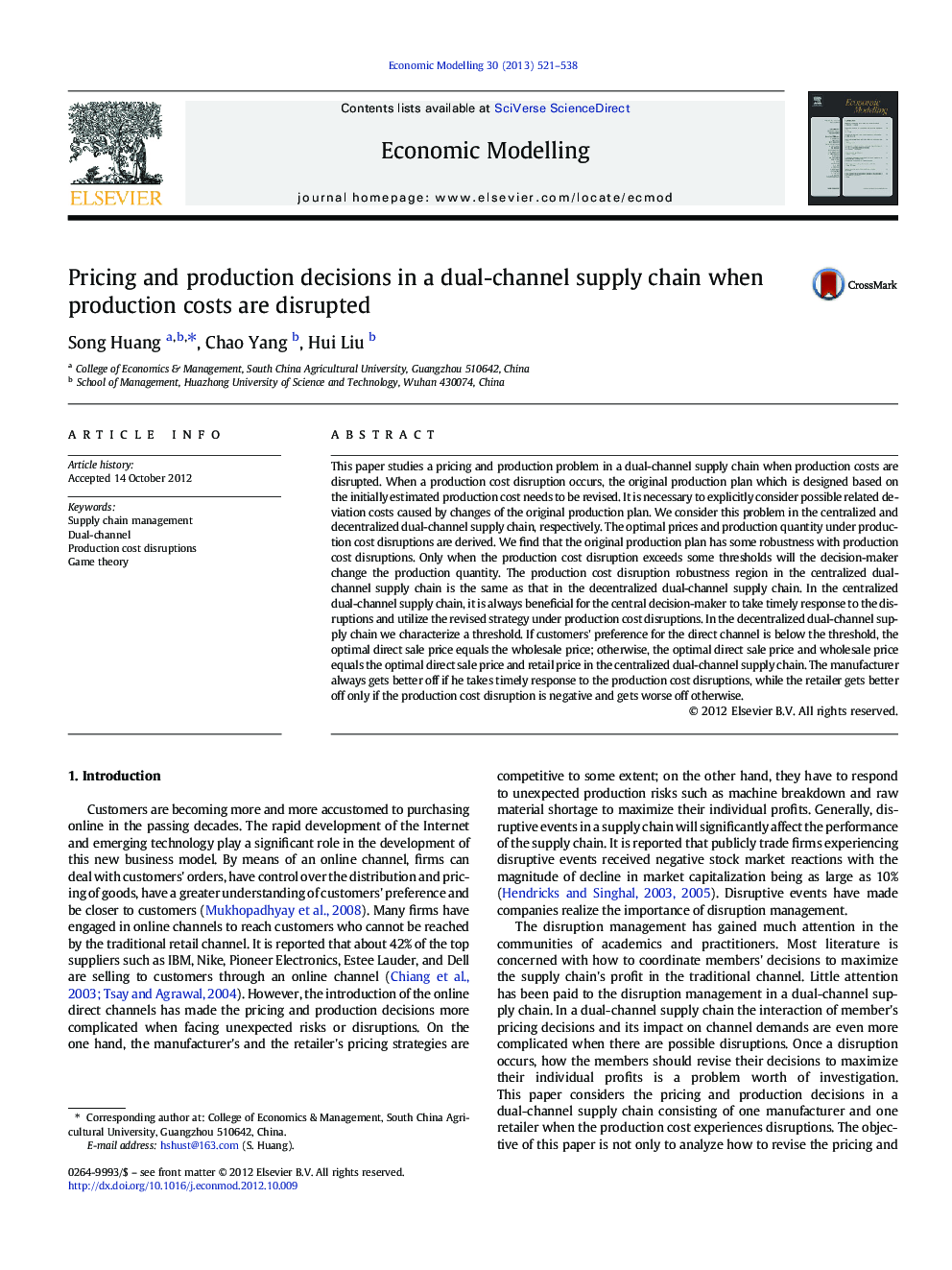 Pricing and production decisions in a dual-channel supply chain when production costs are disrupted