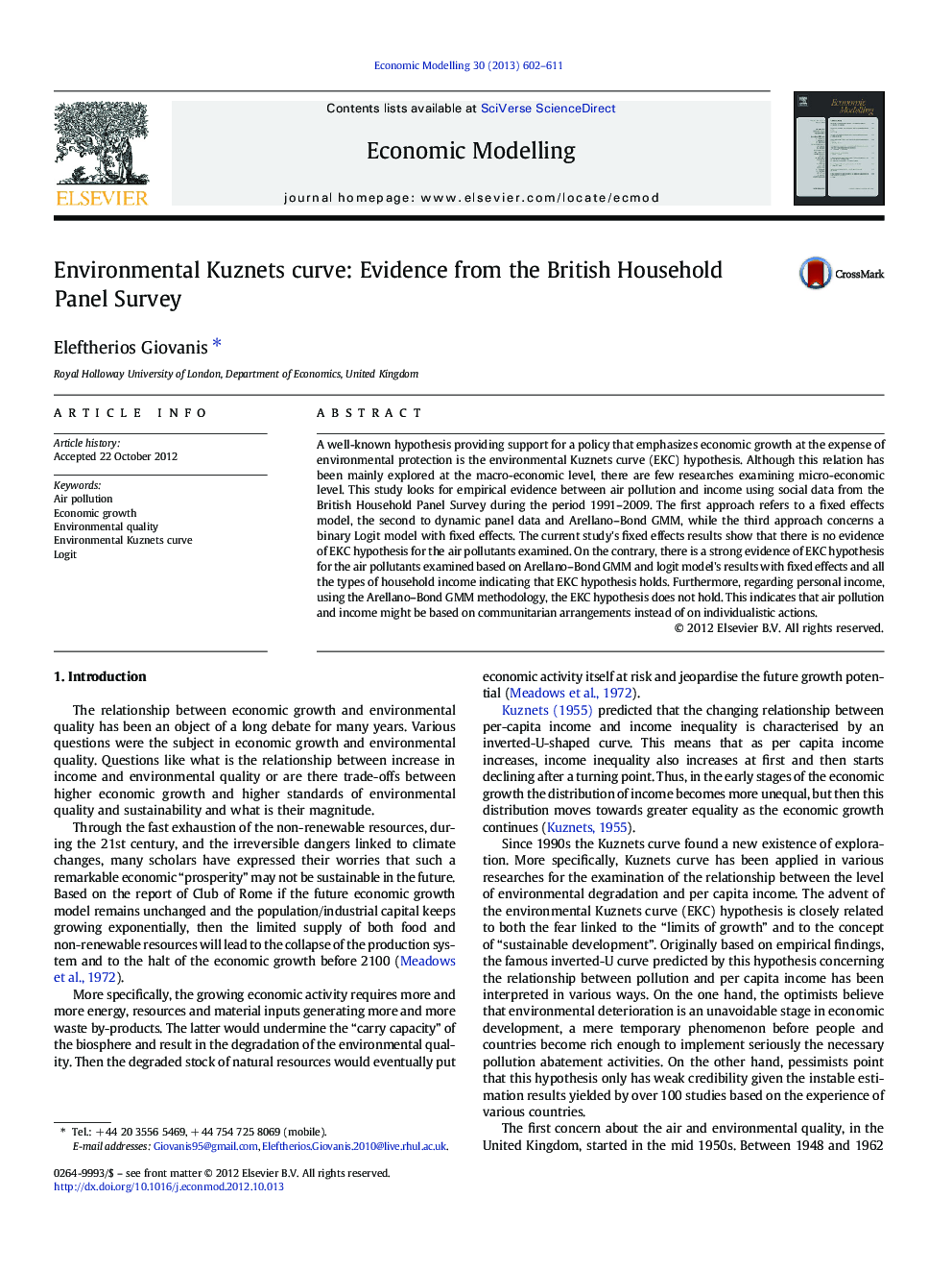 Environmental Kuznets curve: Evidence from the British Household Panel Survey