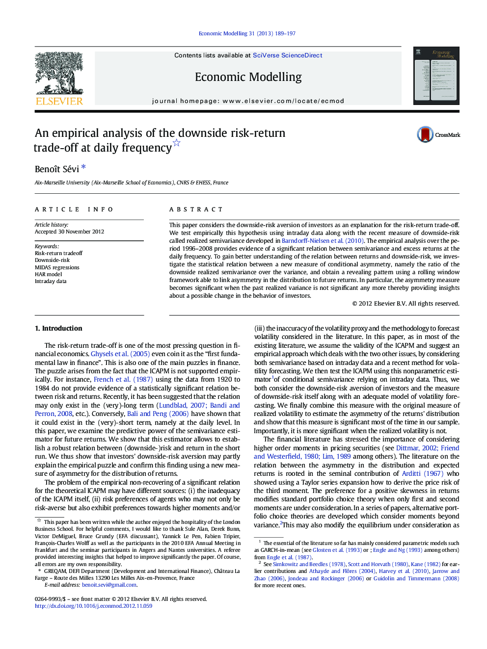 An empirical analysis of the downside risk-return trade-off at daily frequency