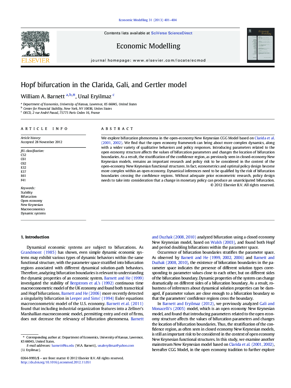 Hopf bifurcation in the Clarida, Gali, and Gertler model