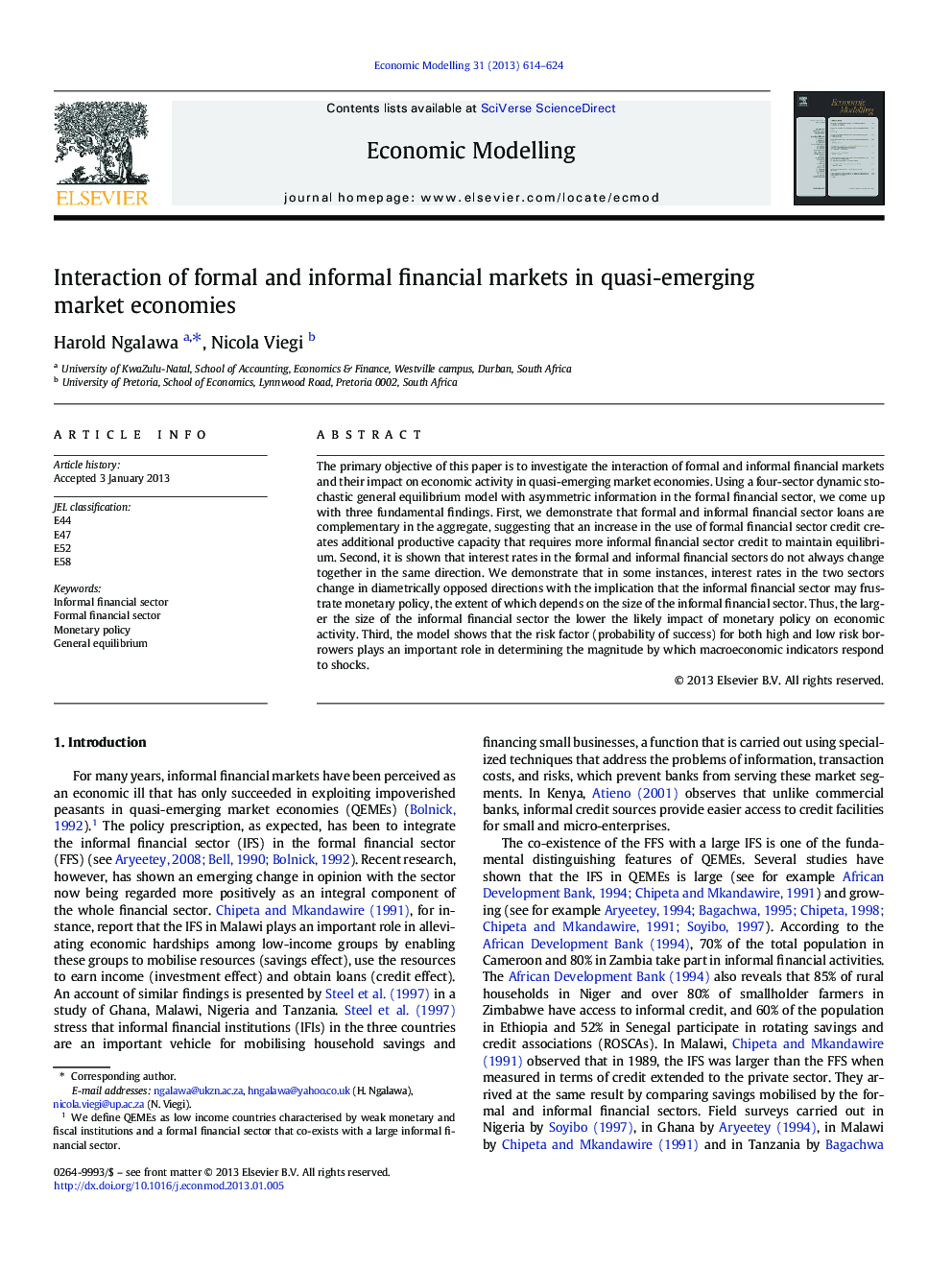 Interaction of formal and informal financial markets in quasi-emerging market economies