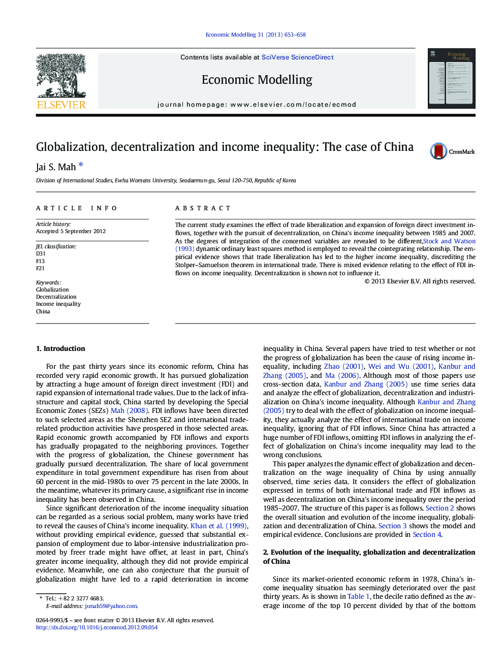 Globalization, decentralization and income inequality: The case of China