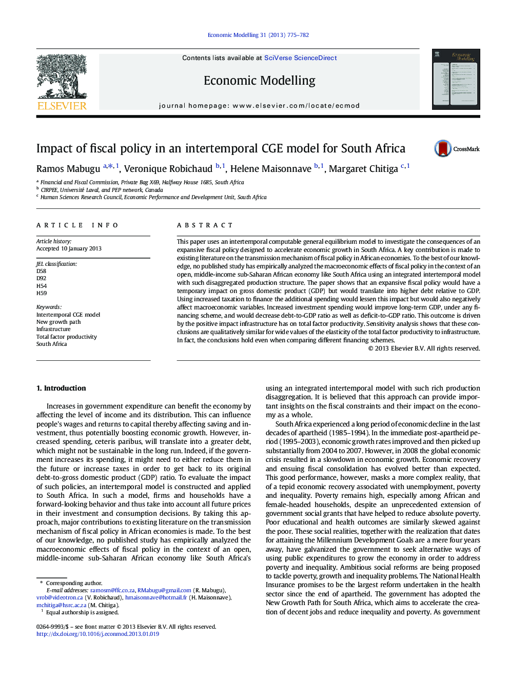 Impact of fiscal policy in an intertemporal CGE model for South Africa