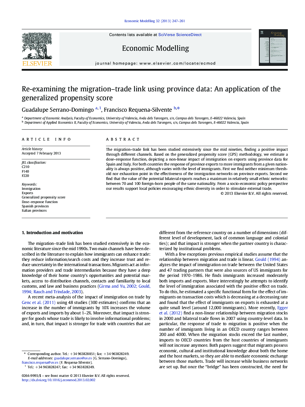 Re-examining the migration-trade link using province data: An application of the generalized propensity score