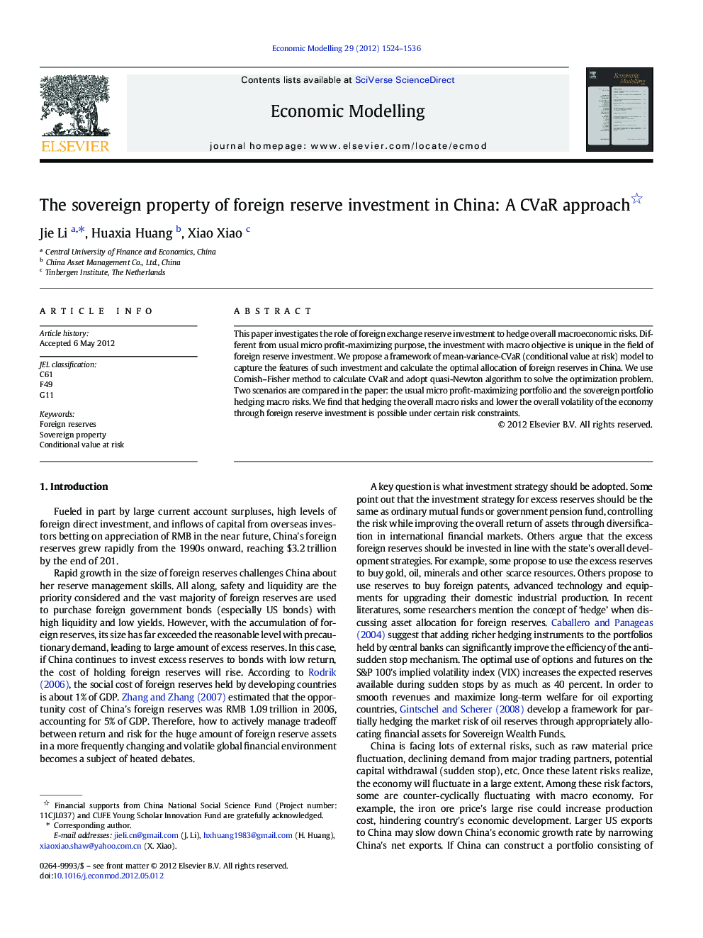 The sovereign property of foreign reserve investment in China: A CVaR approach