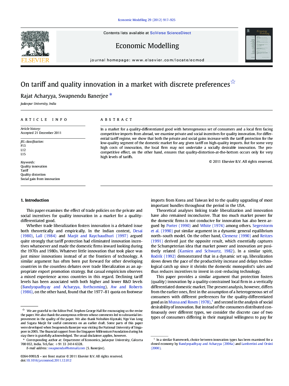 On tariff and quality innovation in a market with discrete preferences