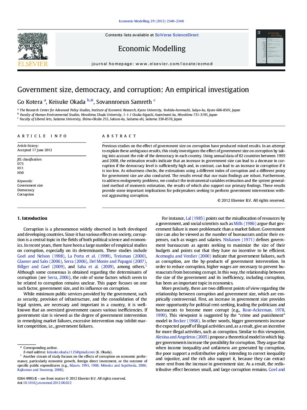 Government size, democracy, and corruption: An empirical investigation