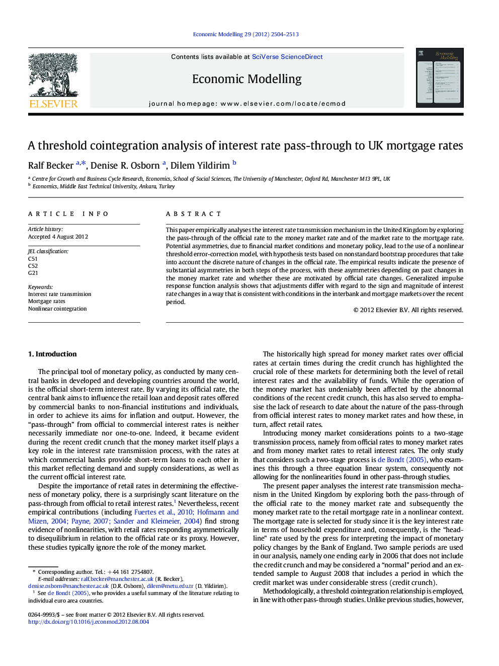 A threshold cointegration analysis of interest rate pass-through to UK mortgage rates