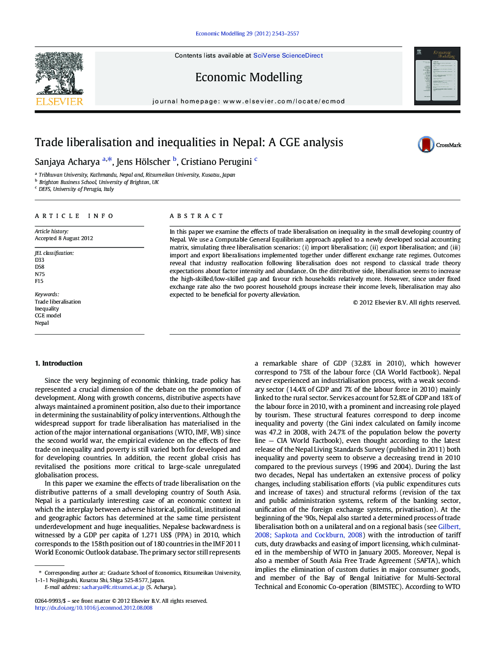 Trade liberalisation and inequalities in Nepal: A CGE analysis