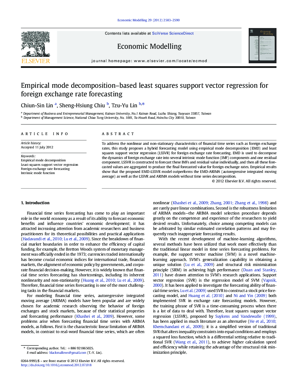 Empirical mode decomposition-based least squares support vector regression for foreign exchange rate forecasting