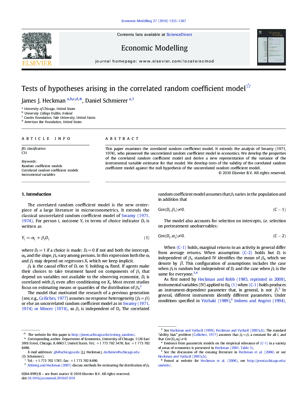 Tests of hypotheses arising in the correlated random coefficient model