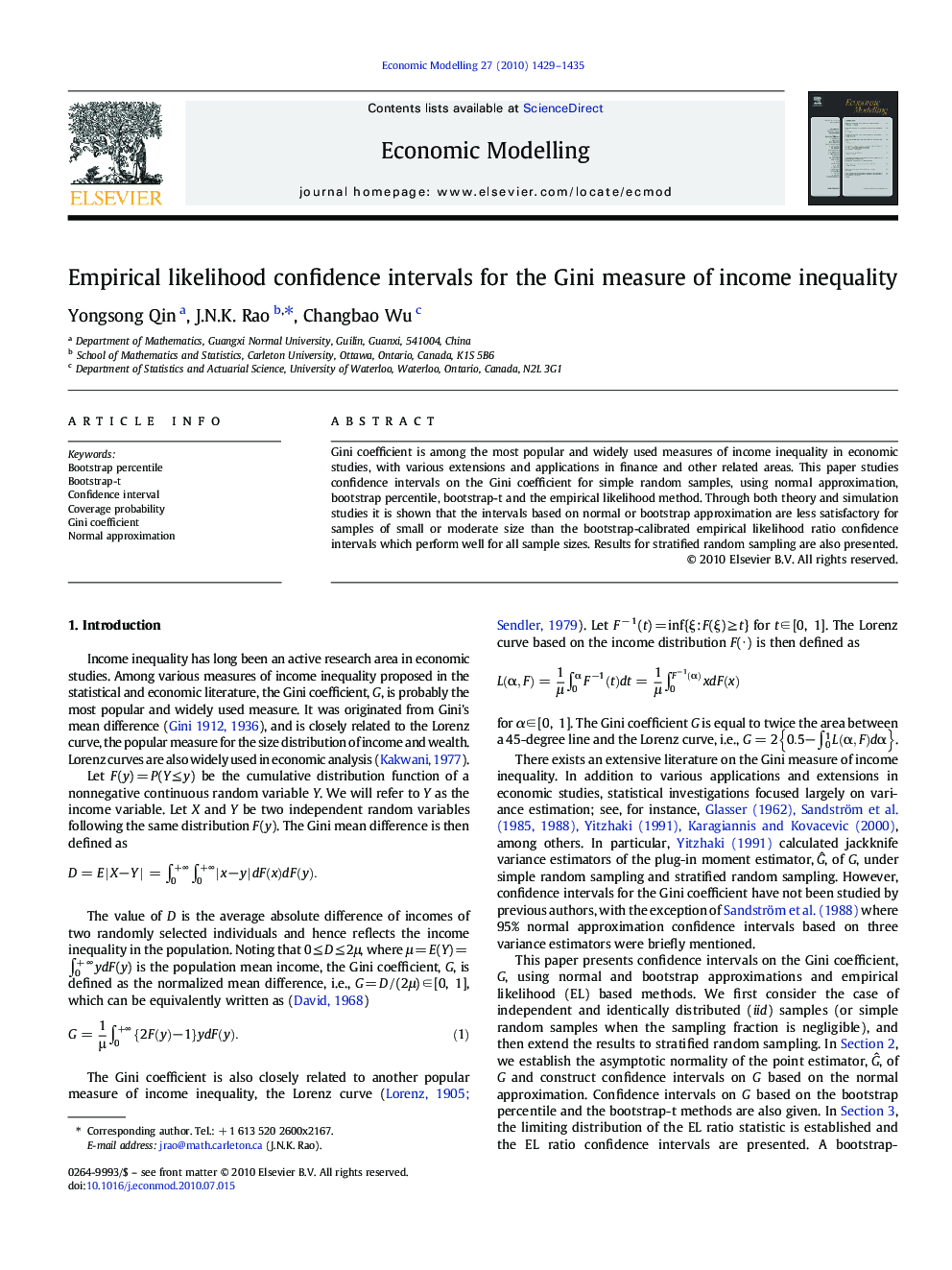 Empirical likelihood confidence intervals for the Gini measure of income inequality