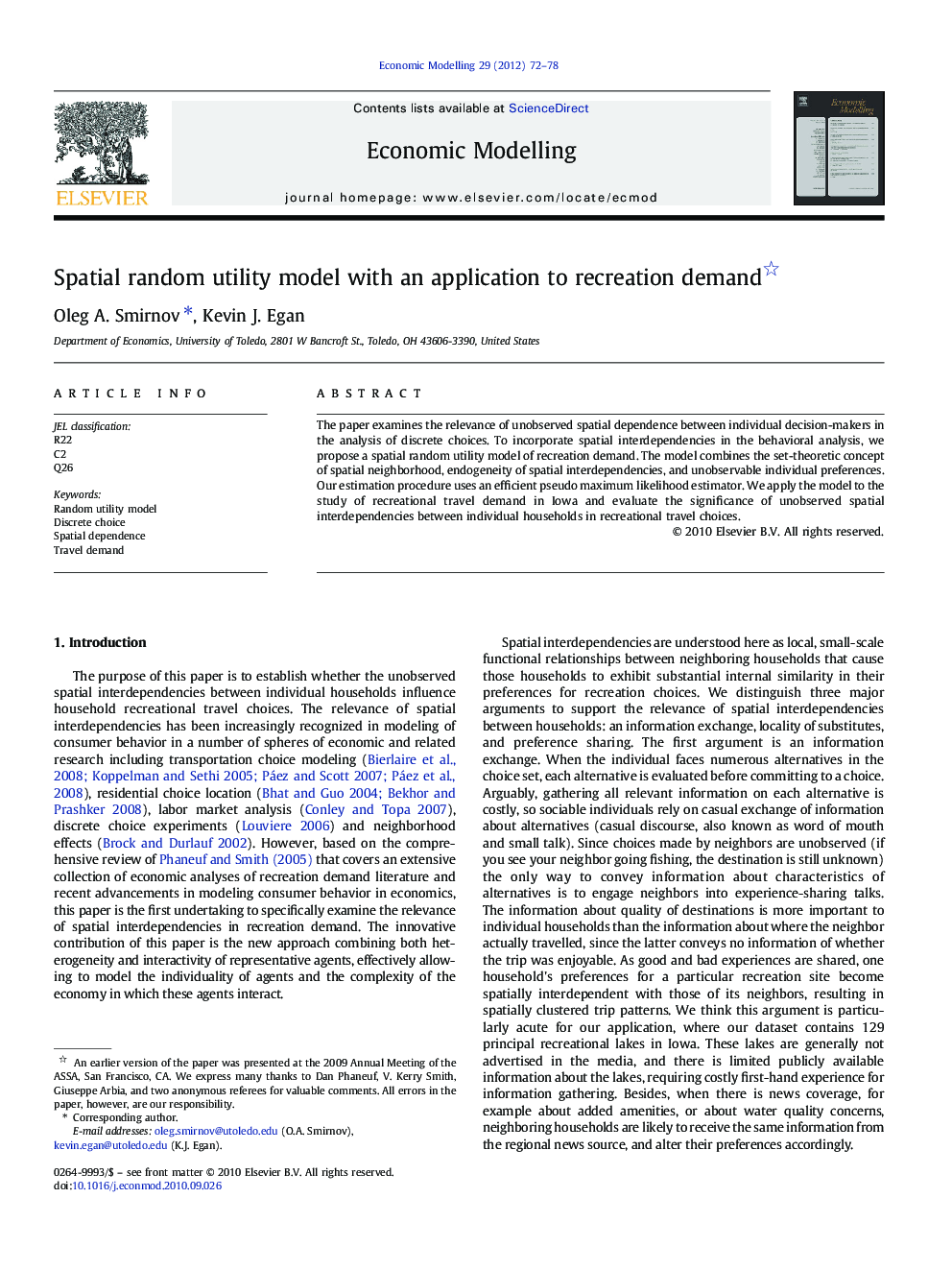 Spatial random utility model with an application to recreation demand