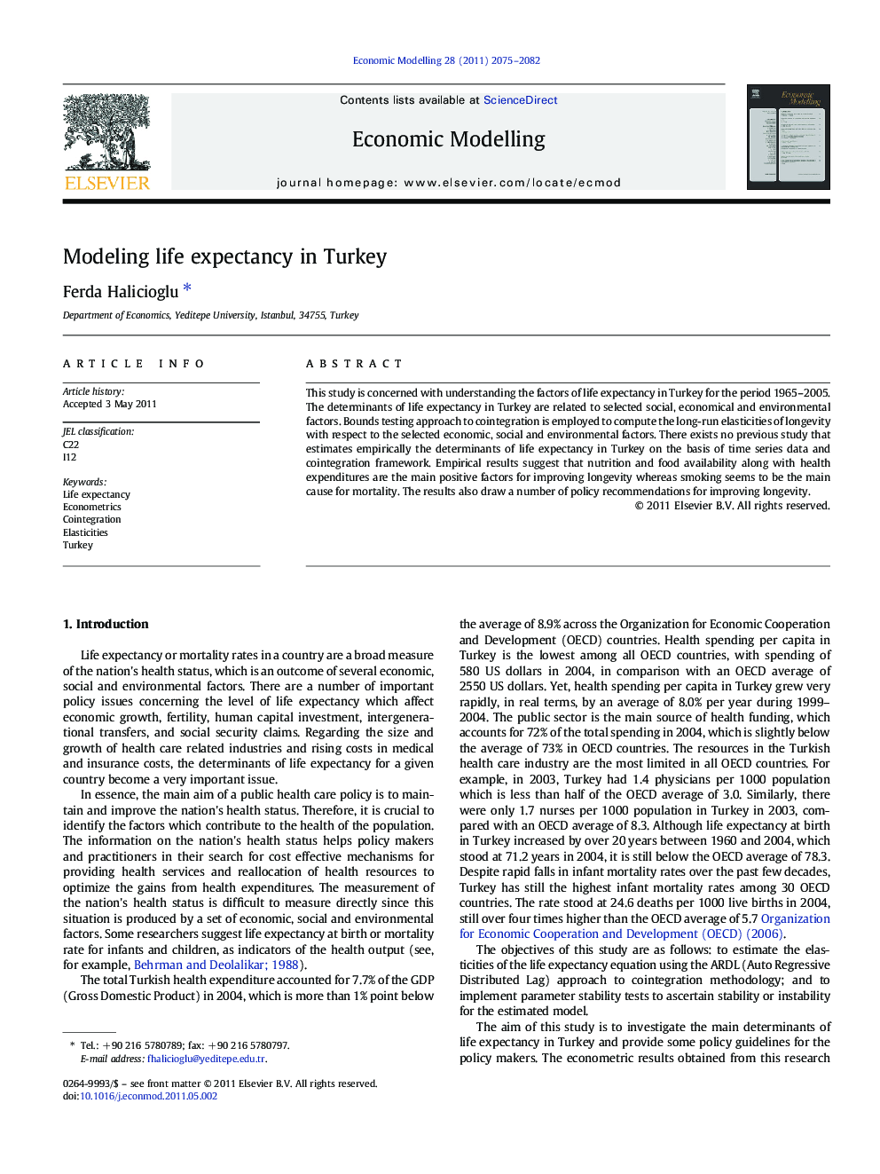 Modeling life expectancy in Turkey