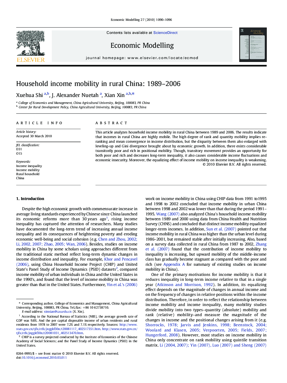 Household income mobility in rural China: 1989-2006