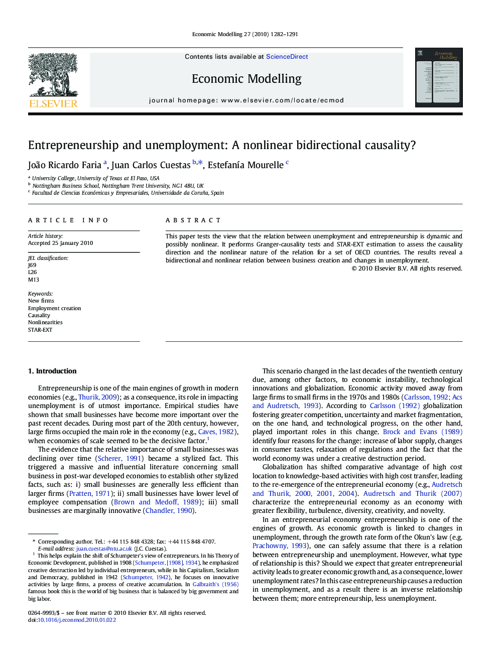 Entrepreneurship and unemployment: A nonlinear bidirectional causality?