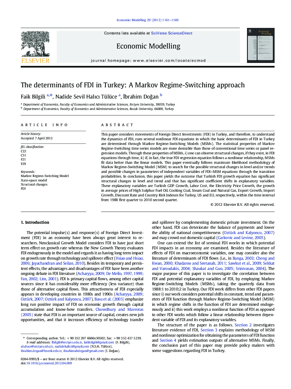 The determinants of FDI in Turkey: A Markov Regime-Switching approach