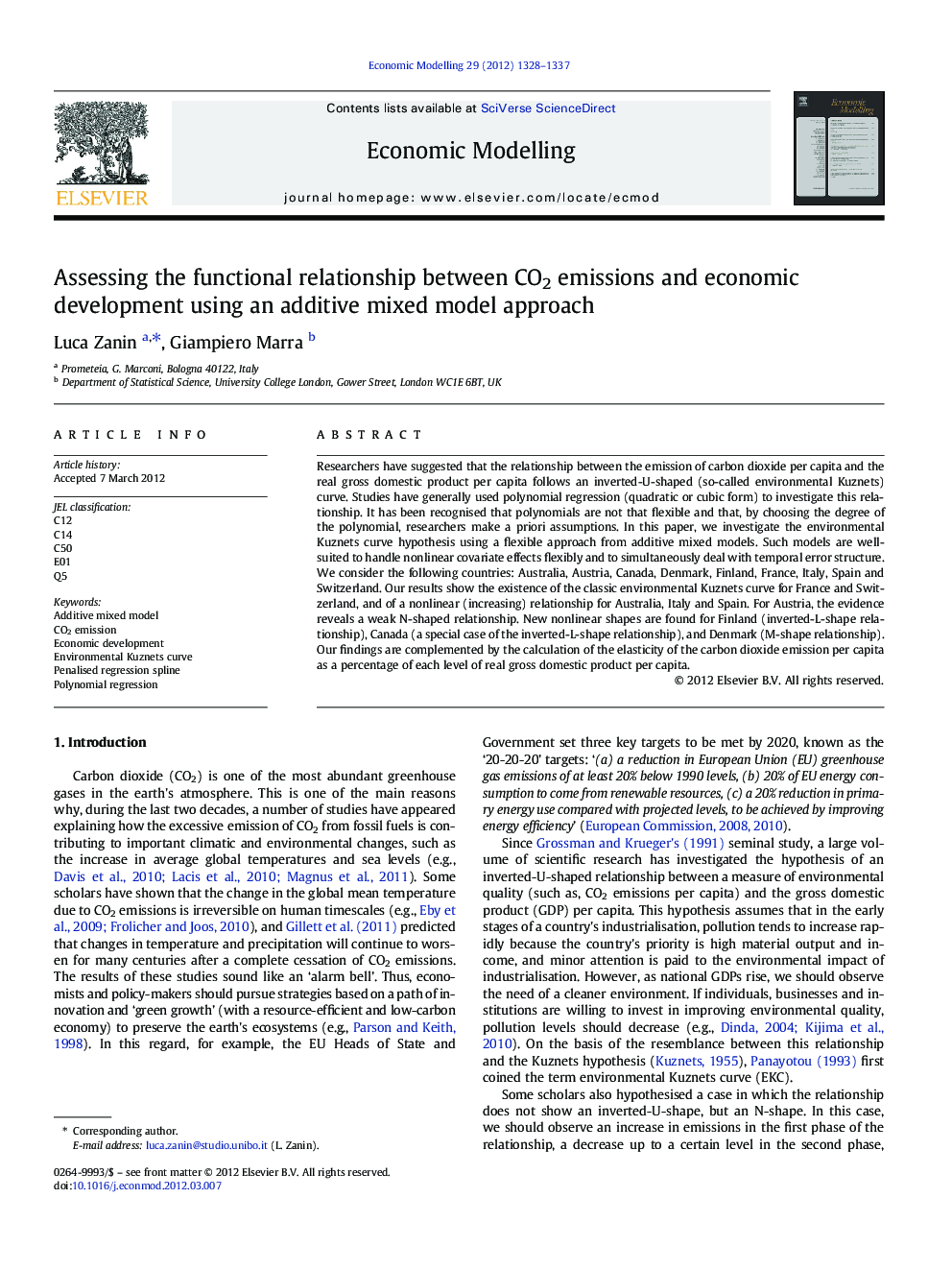 Assessing the functional relationship between CO2 emissions and economic development using an additive mixed model approach