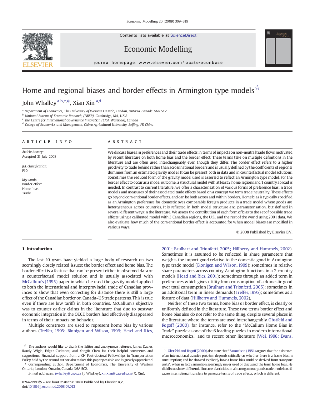 Home and regional biases and border effects in Armington type models