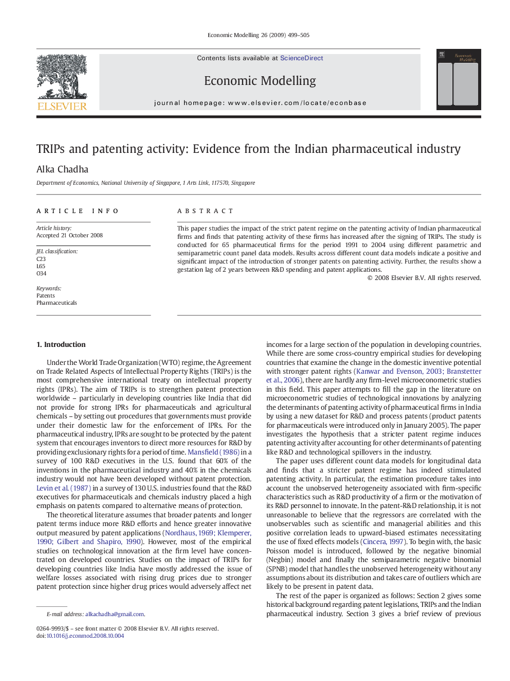 TRIPs and patenting activity: Evidence from the Indian pharmaceutical industry