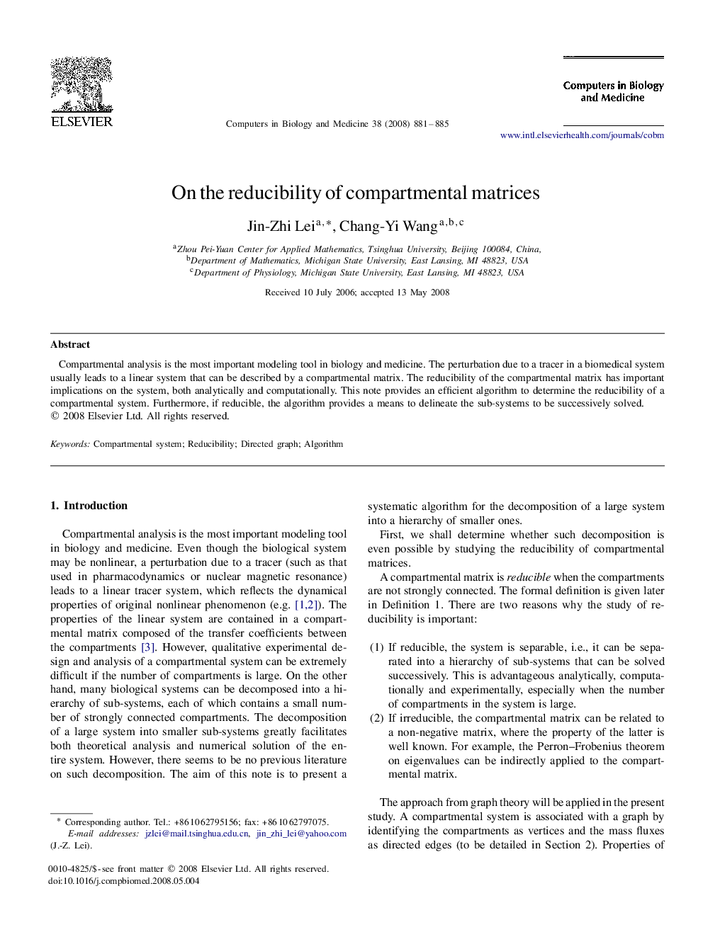 On the reducibility of compartmental matrices