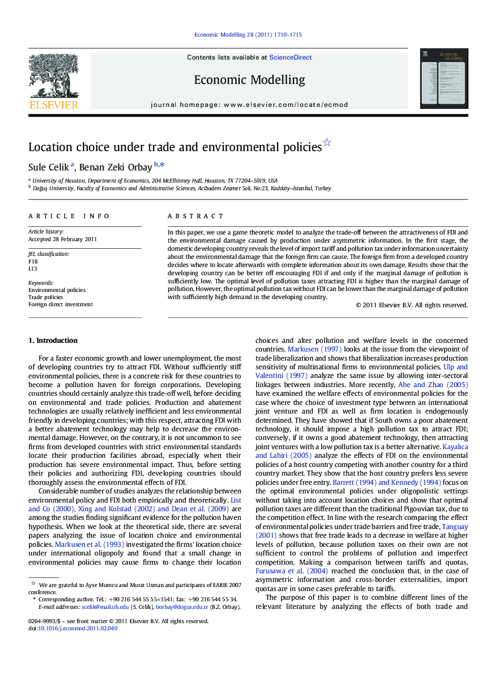 Location choice under trade and environmental policies