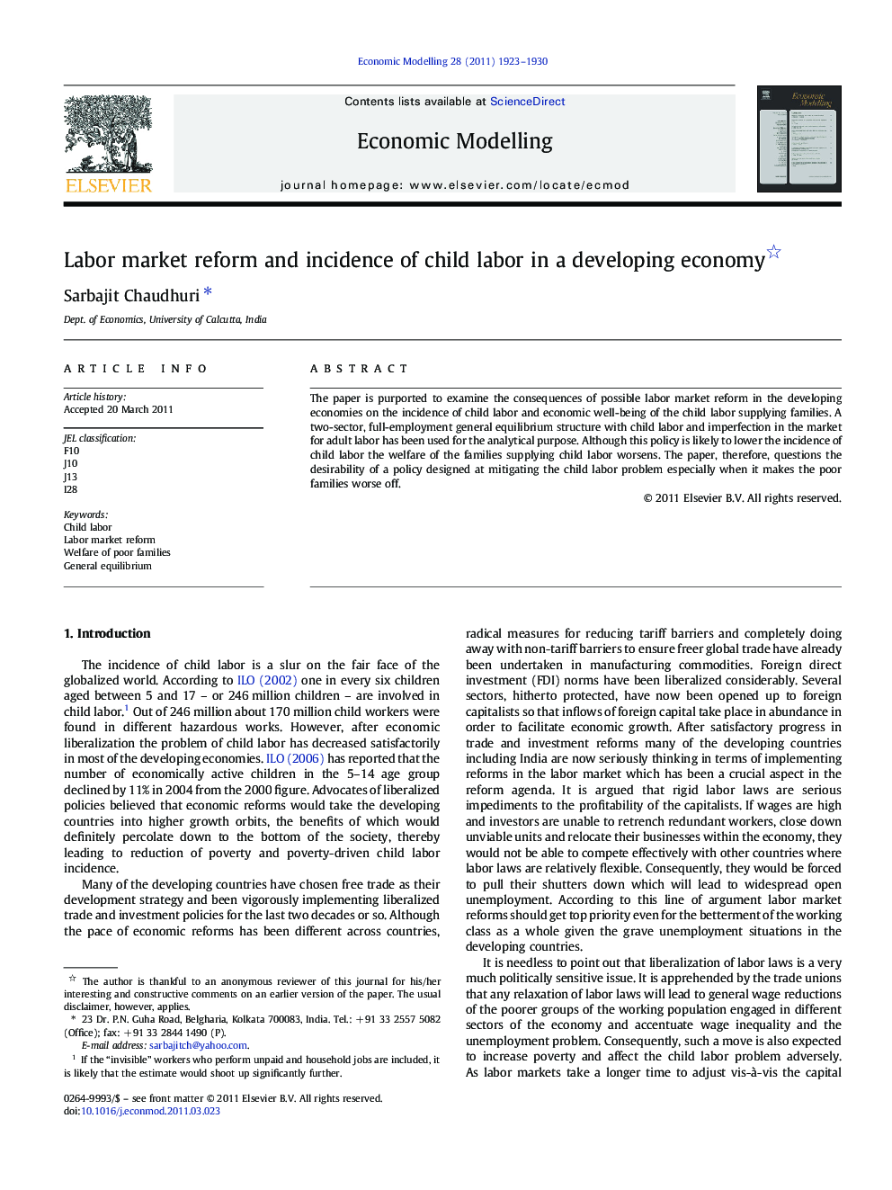 Labor market reform and incidence of child labor in a developing economy