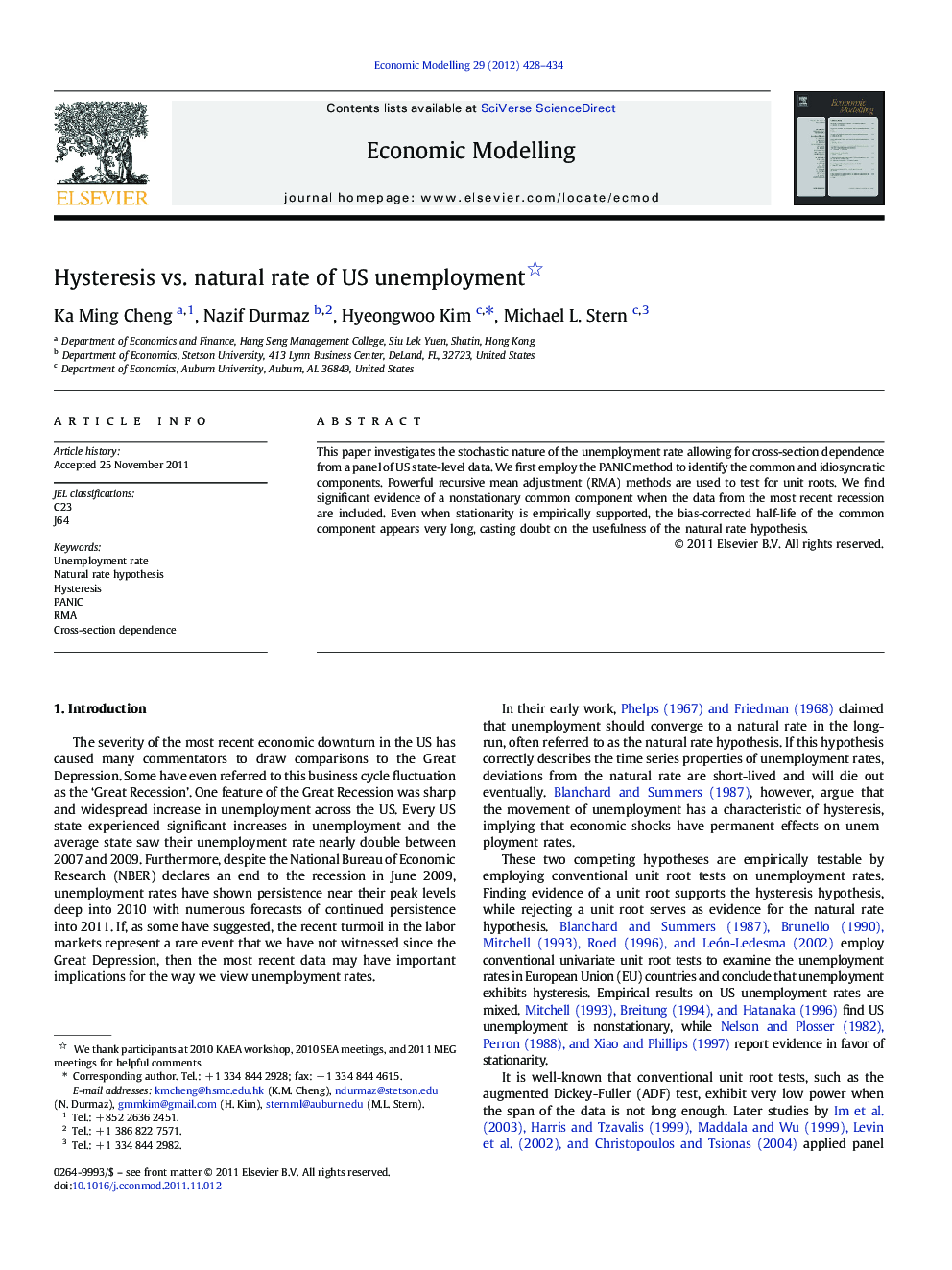 Hysteresis vs. natural rate of US unemployment