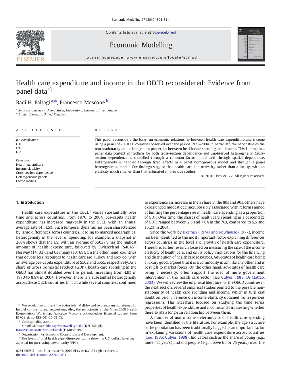 Health care expenditure and income in the OECD reconsidered: Evidence from panel data