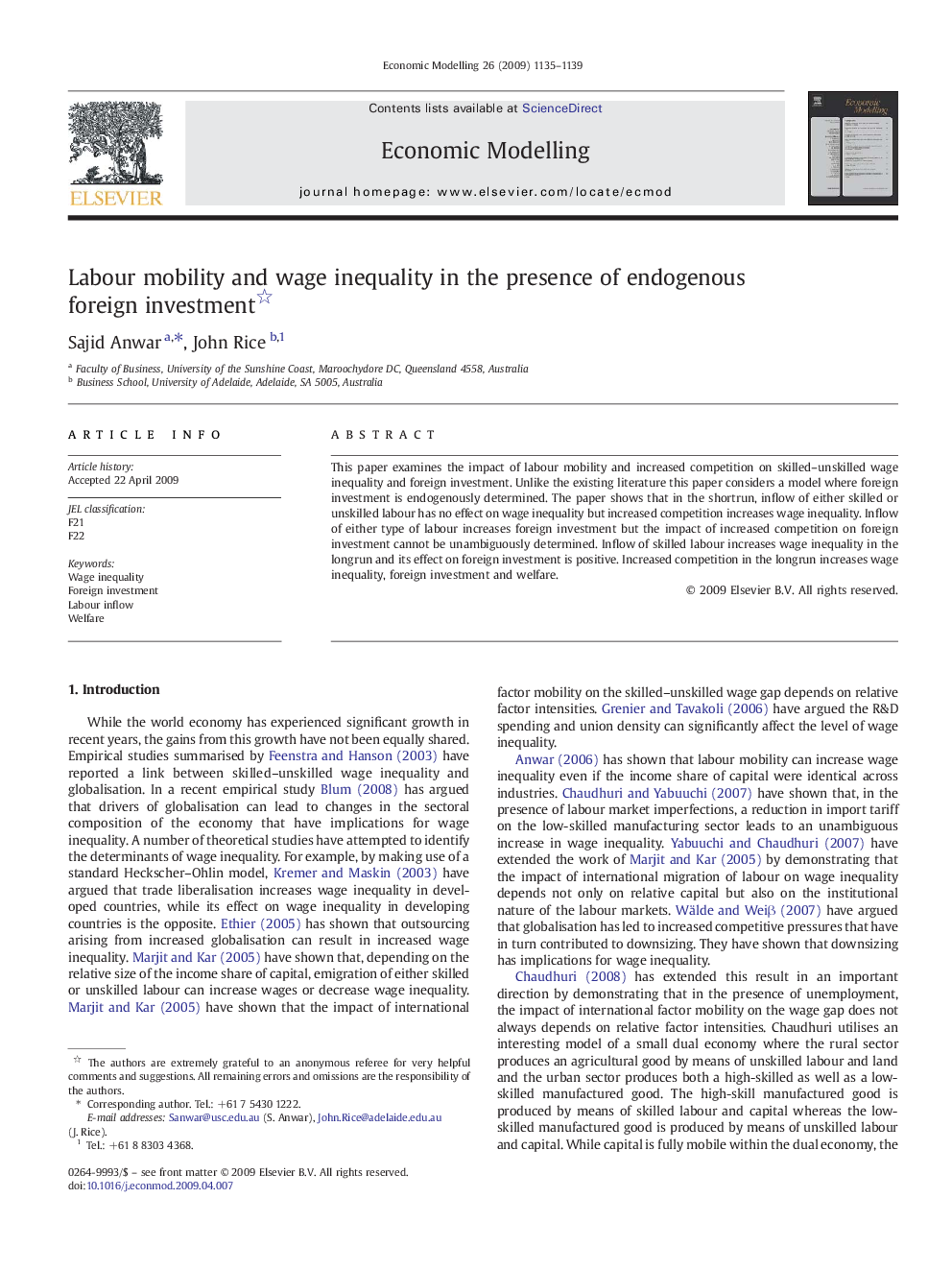 Labour mobility and wage inequality in the presence of endogenous foreign investment