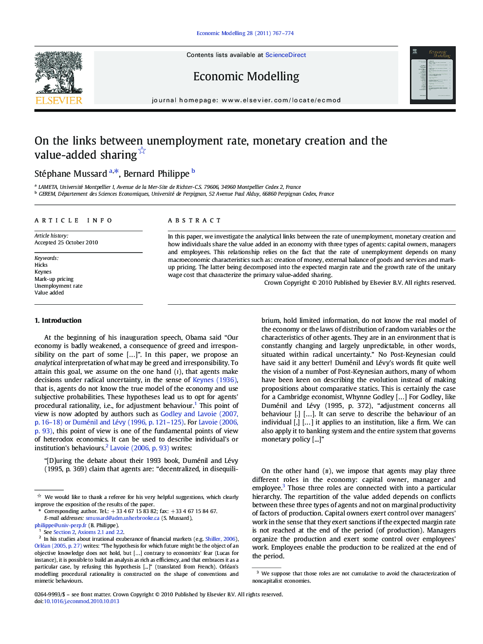 On the links between unemployment rate, monetary creation and the value-added sharing