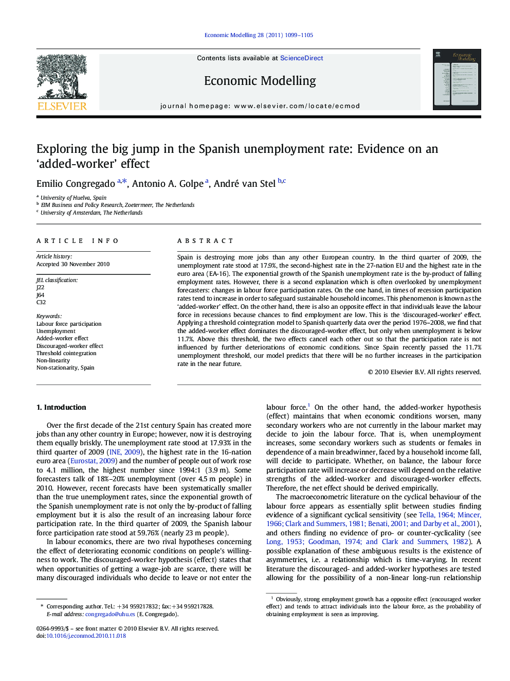 Exploring the big jump in the Spanish unemployment rate: Evidence on an 'added-worker' effect