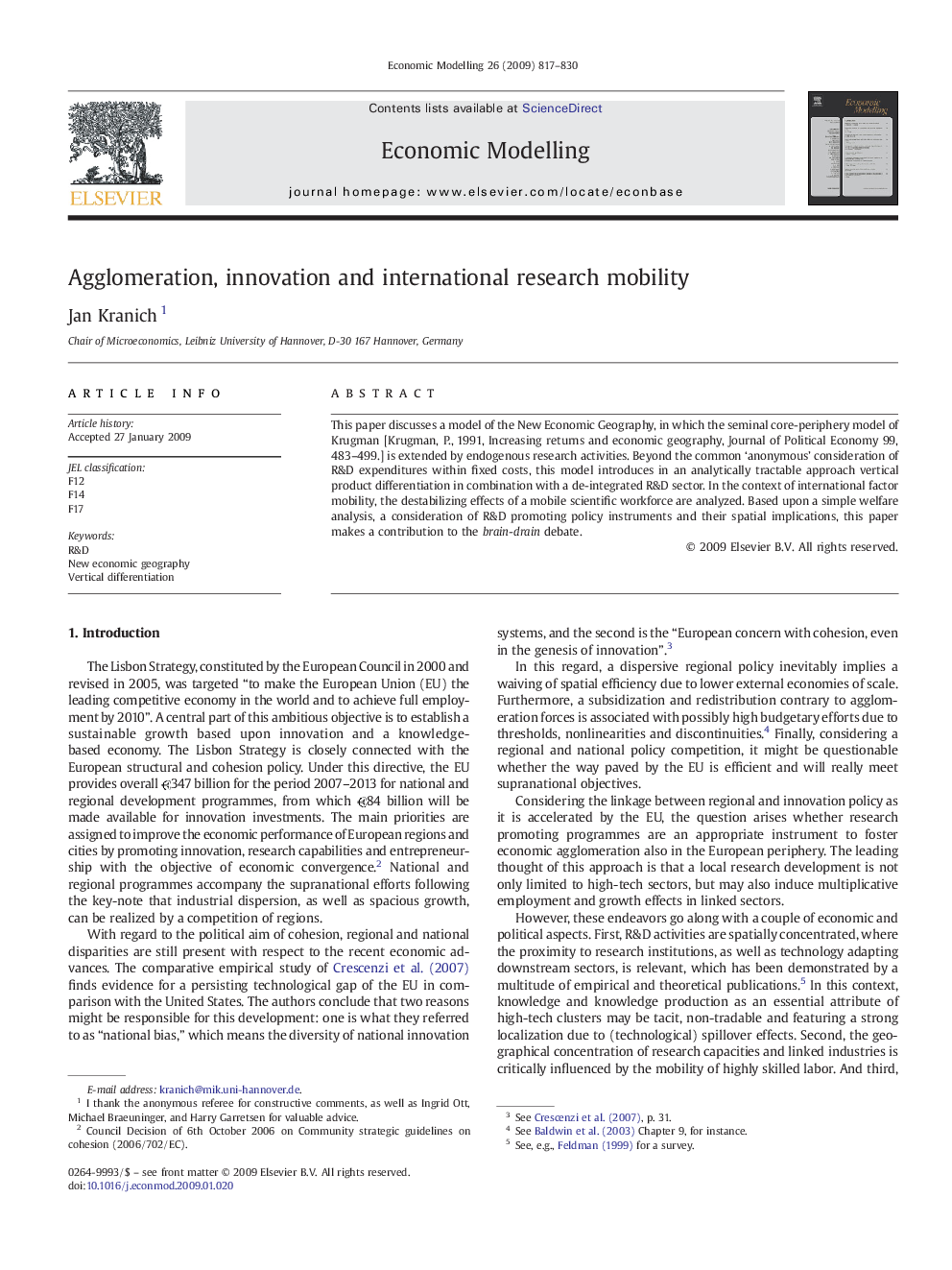 Agglomeration, innovation and international research mobility