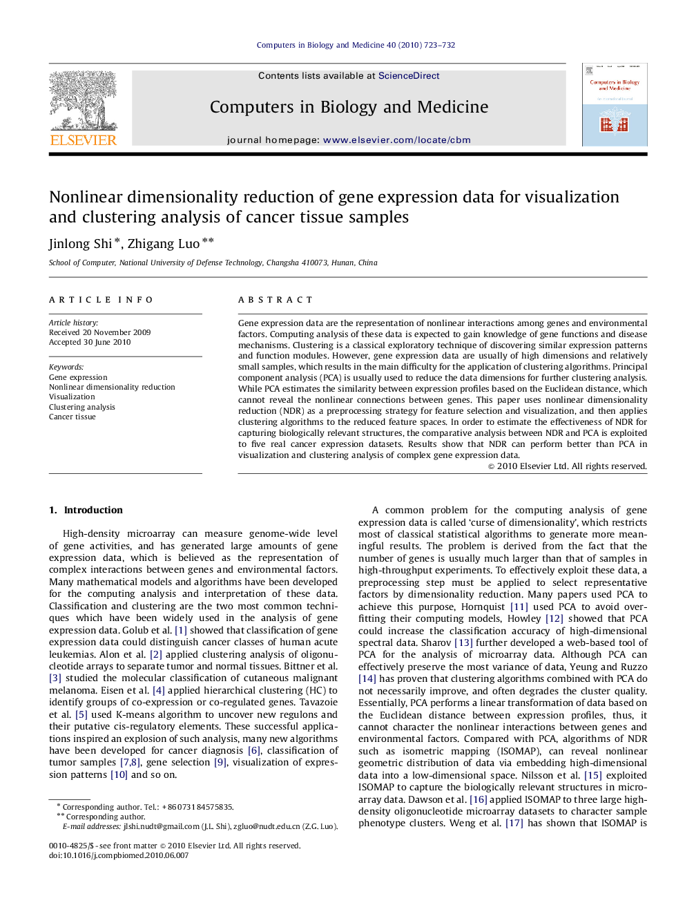 Nonlinear dimensionality reduction of gene expression data for visualization and clustering analysis of cancer tissue samples